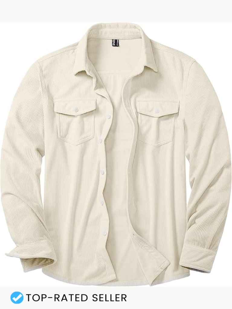 Long Sleeve Corduroy Work Shacket Button-Up Overshirt With Pockets Casual